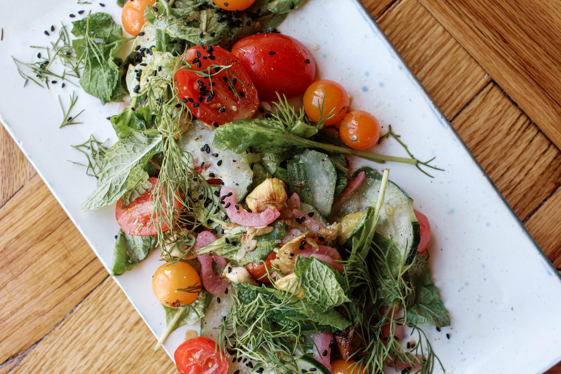 farm fresh summer salad in fine dining restaurant 